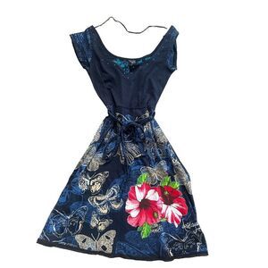Desigual Y2K Blue Butterfly Floral Dress Women's Small Fairycore